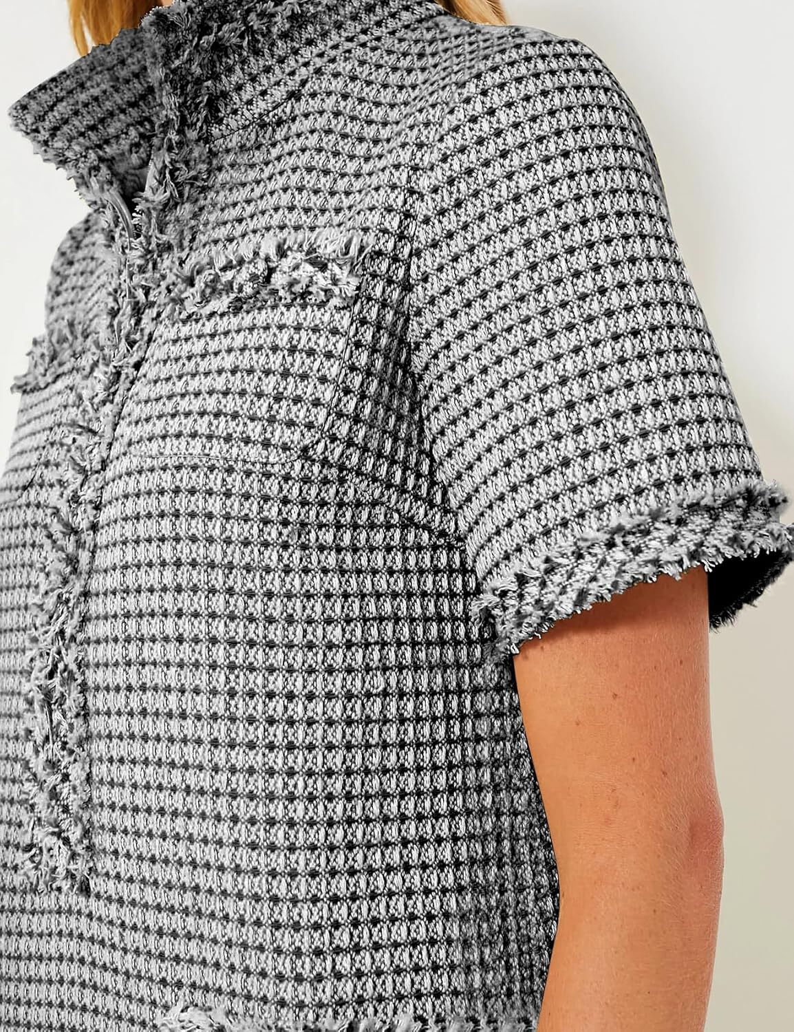 Womens Tweed Mini Elegant Front Half Zipper Short Sleeve Casual Work Straight Tube Dress with Pockets