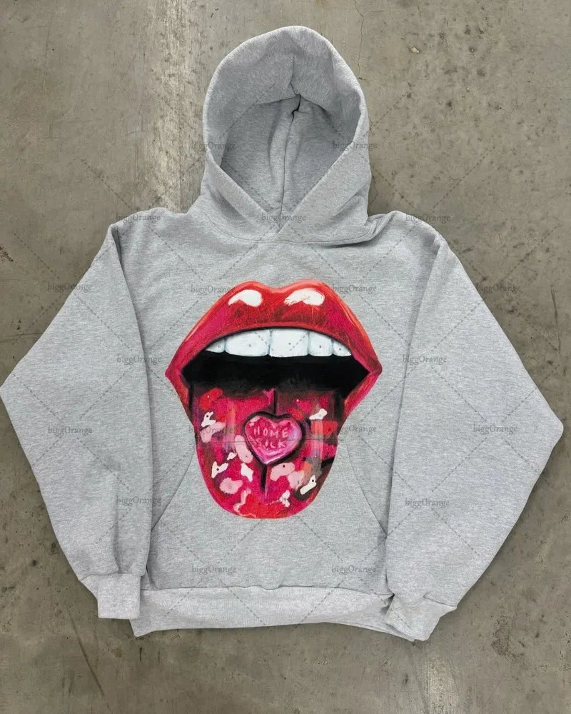 American Retro Harajuku streetwear Women High Street Oversized Sweatshirt Hiphop Lips Casual Graphic Hoodie Mens Clothing 250807