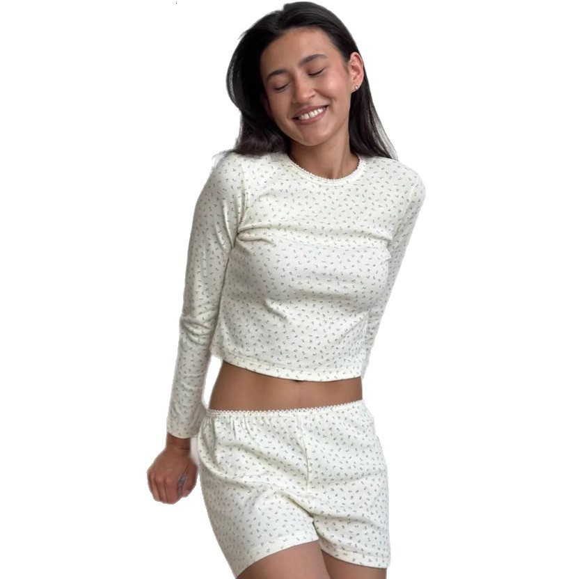 Women Y2K Pajamas Shorts Set 2 Piece Floral Print Button Down Long Sleeve Top and Shorts Bodycon Pjs Suit Lounge Cozy Sleepwear 240930