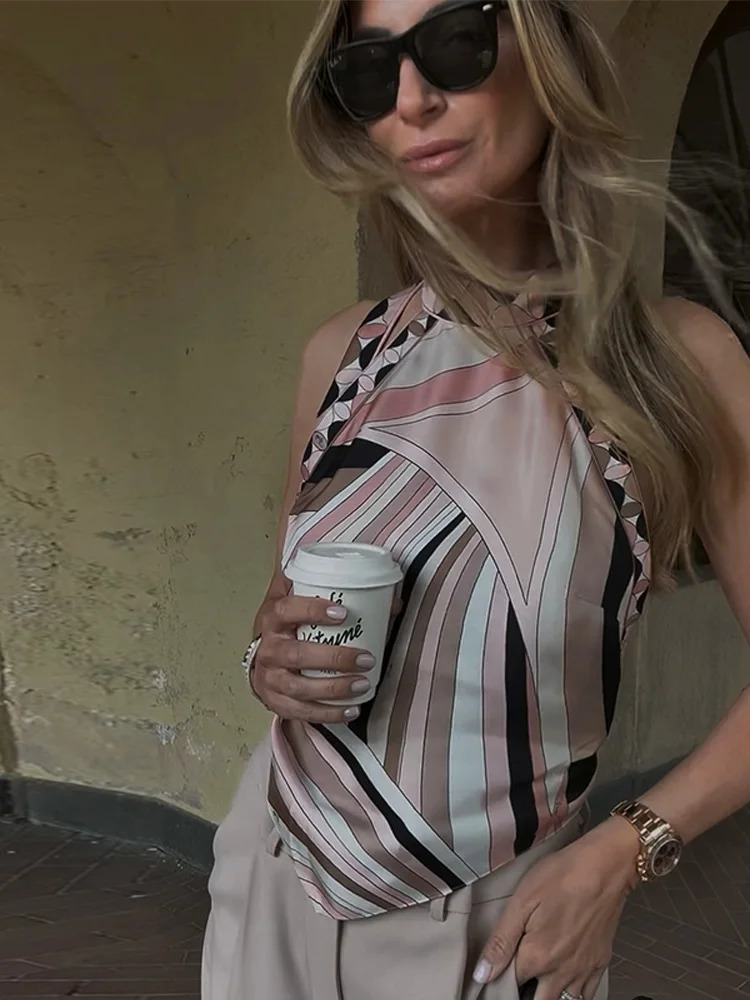 Sexy Printed Halter Top Skirt 3 Piece Set Women Sleeveless Backless Short Pants Mini Skirts Suit Lady Summer Chic 250807