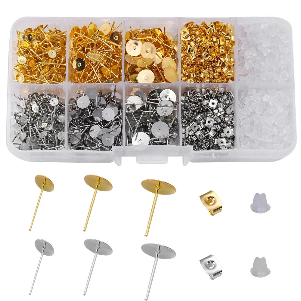 1060pcsLot Blank Post Earring Studs Base Pins Box With Plug Findings Ear Back For DIY Jewelry Making Kits 250804