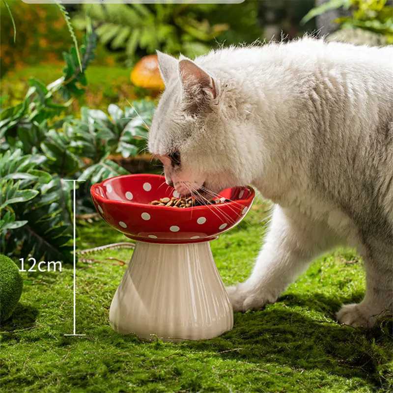 Cute Cartoon Mushroom Ceramic Pet Bowl High Foot Protection for Cervical Spine Feeder for Puppy Dog Small Cat Pet Accessories Y250806