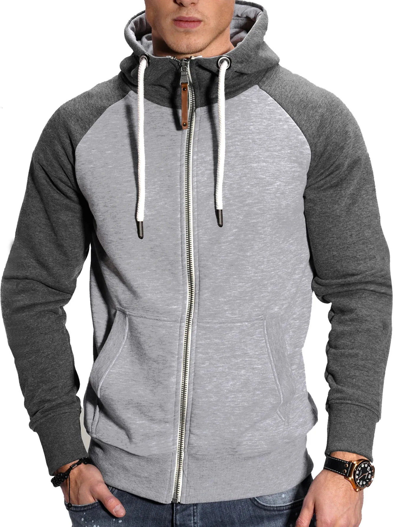 Mens hooded sweatshirt with long sleeves zippered closure medium pockets jacket for winter and autumn 250807