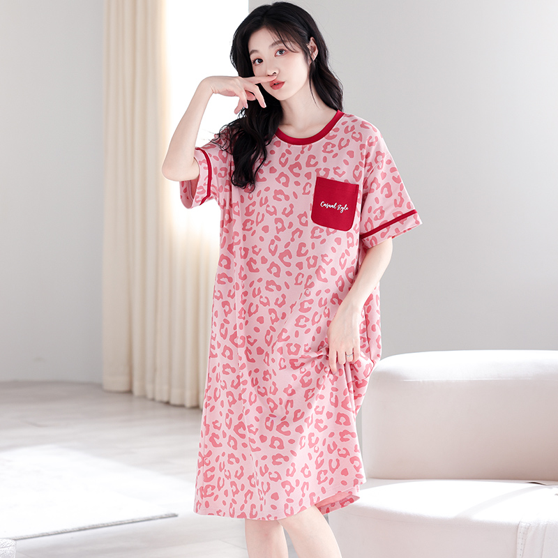 B1010-Woven nightdress women's summer cotton short-sleeved mid-length dress casual cartoon pajamas home clothes 2025 style