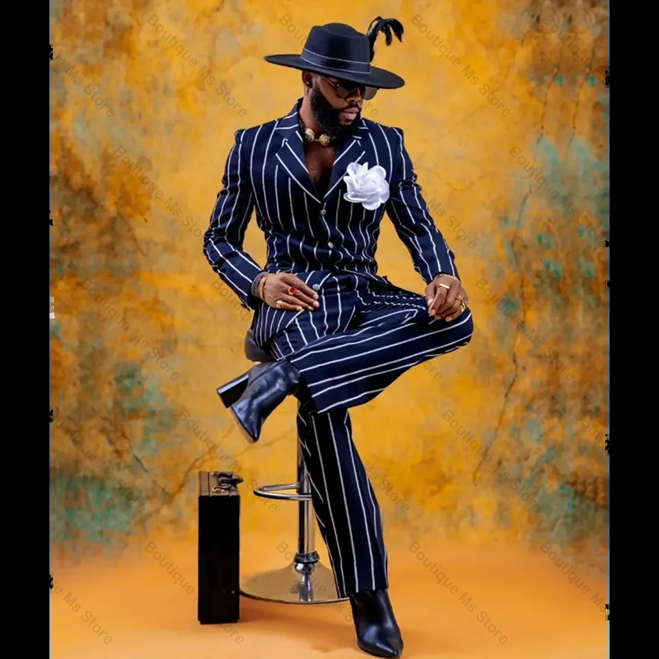 Fashion Navy Blue Stripe Single Breasted Men Suit Two PiecesJacketPants Outfits Casual Party Prom Wedding Set 250807