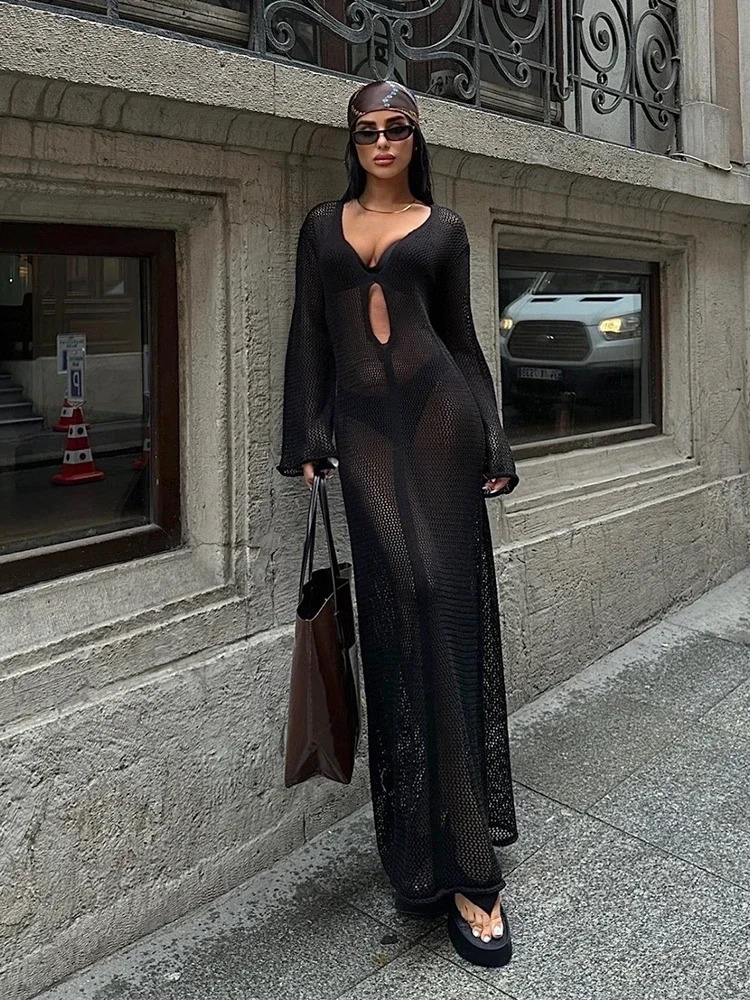 Sexy Summer Autumn Knit Mesh Beach Cover Up V-Neck Long Flared Sleeve Cut Out Party Beach Maxi Dress Chic Slim Tunic A2882 250805