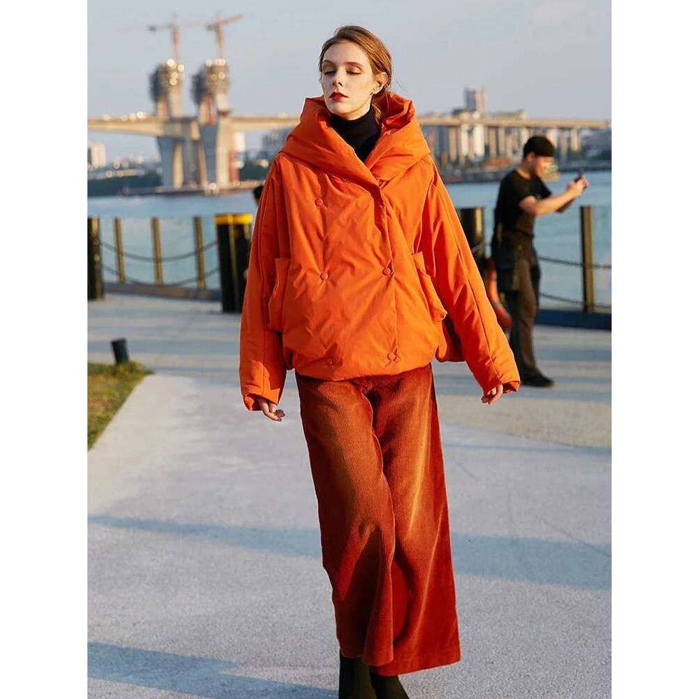 Designer Clothing 2025 Winter New Hooded Long Sleeve Warm Coats Women's Parkas Fashion Tide Loose Fluffy Orange Red Oversized Down Jacket
