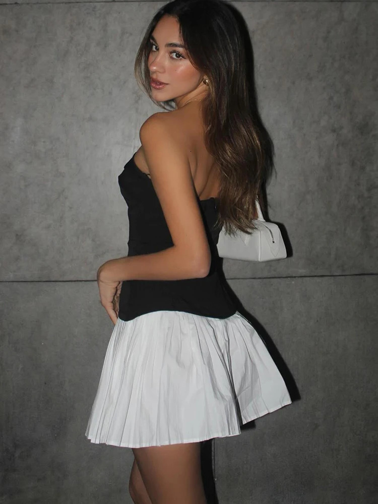 Nibber Elegant Women Dress Black White Patchwork Chest Wrap Backless Ruffles Y2K Girl Trend Chic Streetwear Mini Bodycon 250807