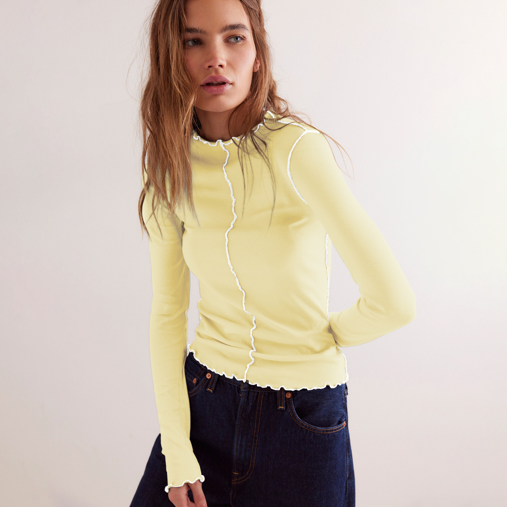 Patchwork Slim Fit Long Sleeve T-Shirt Top Design Sense Base Shirt Color Block Women's Ruffled Edge