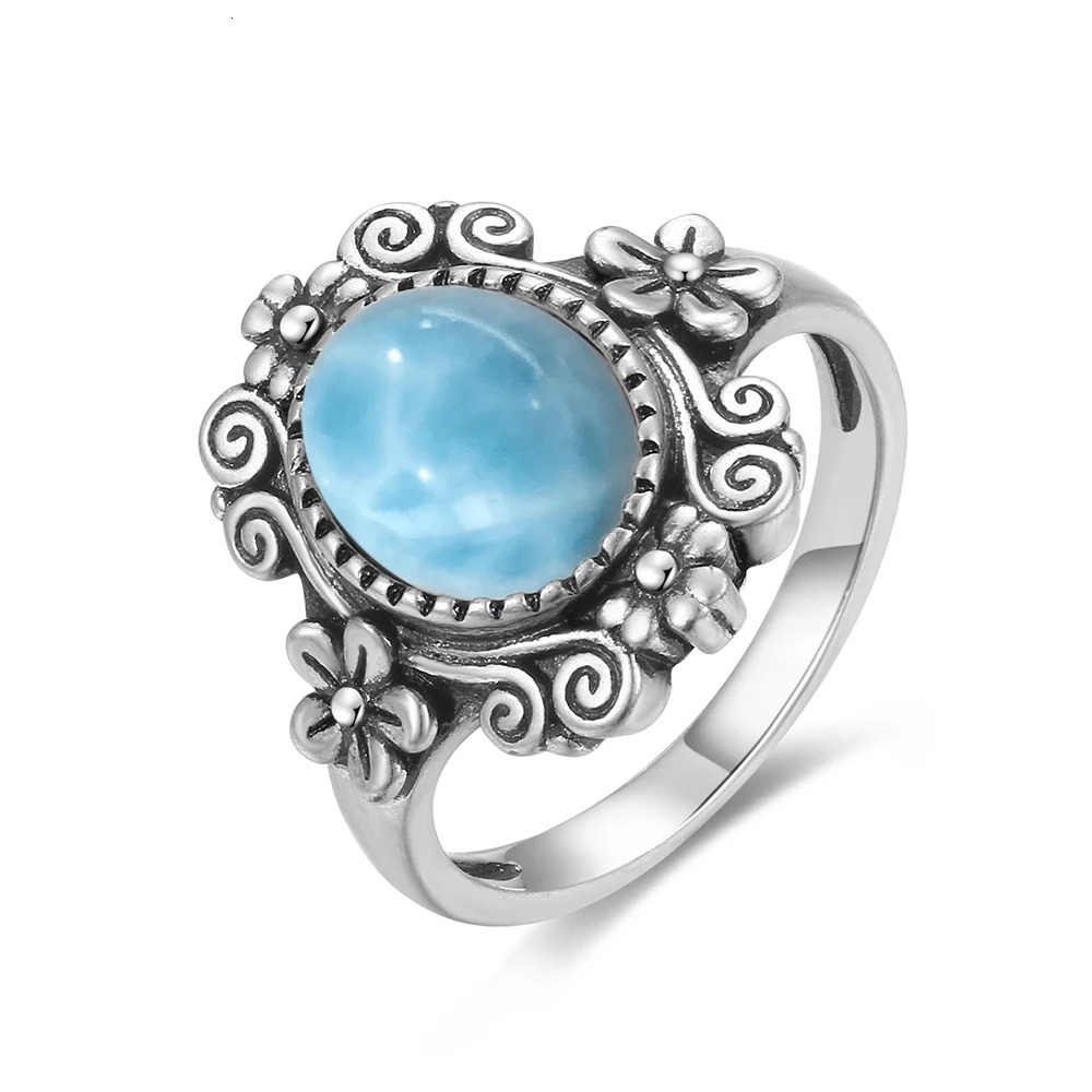 Vintage 925 Silver Ring Natural Larimar Stone Ring Round Flower Shape Sky Blue Summer Ring Fine Jewelry Gift for Men Women 250730