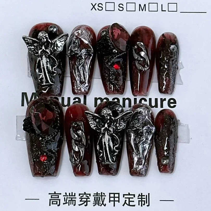 10 Pieces Sweet Cool Dark Style Handmade Wearable Nails Star River Falls Nail Art Patches Scarlet Angel Halloween Fake Nails M250807