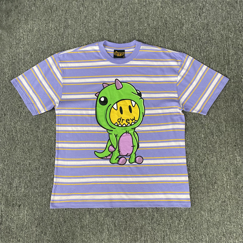Drew House New Mens Clothing Striped purple T shirt men's and women's printed loose short sleeve T-shirt Designer luxury