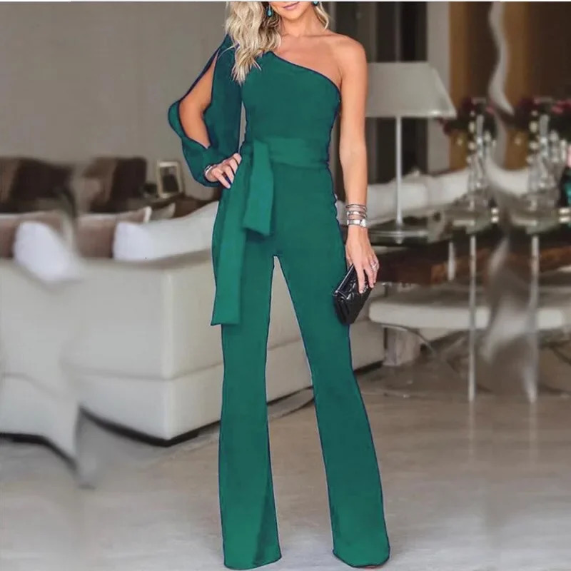 womens single shoulder high waistband solid color slim fit sexy jumpsuit fashionable and versatile 250807