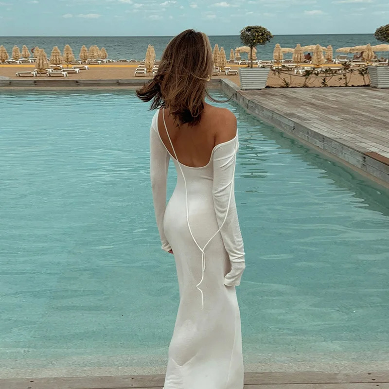 Autumn long skirt with fashionable temperament slightly transparent vacation sexy backless dress 250807