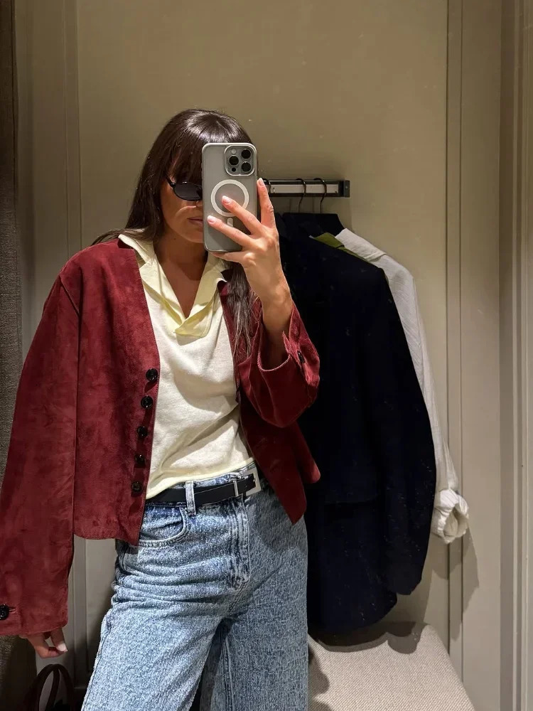 Suede V Neck Jacket Womens Temperament Single Breasted Loose Short Coat Street Autumn Jackets Retro Collection 250805