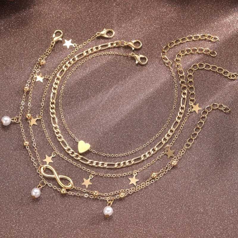 4Pcs Bohemian Summer Beach Anklet Set For Women Vintage Gold Color Pearl Butterfly Star Heart Pendant Charm Chain On Leg Jewelry Y250805