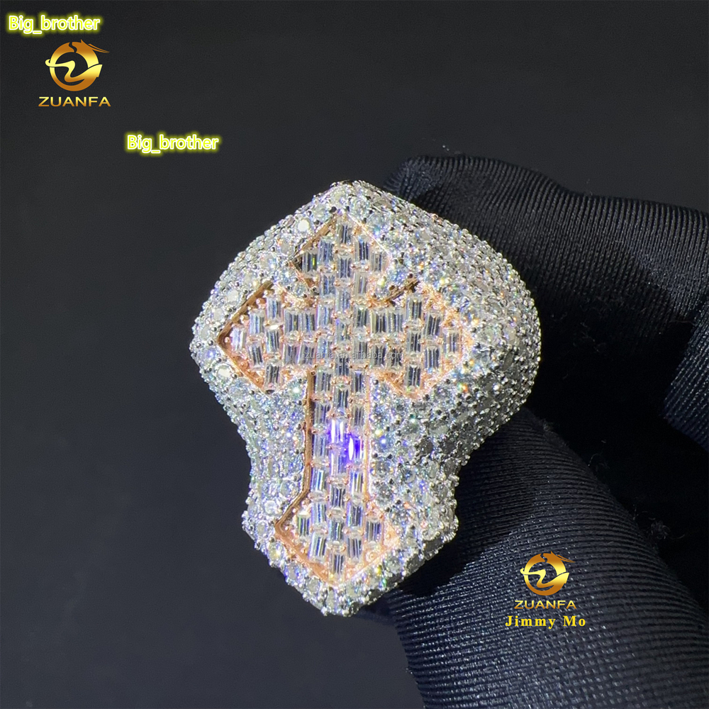 2025New Arrivals Bulk Stock Two Tone Color GRA Certificates Plated 925 Silver Hip Hop VVS1 Moissanite Diamond Cross Ring