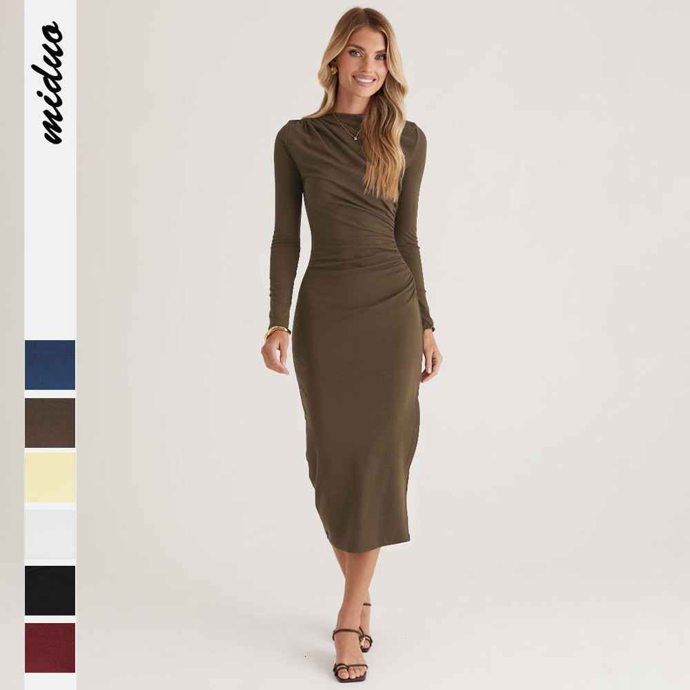 2025 Autumn Winter High-End Ruched Off-Shoulder Sleeve Waist-Cinching Bodycon Elegant Pure Desire Style Long Dress for Women