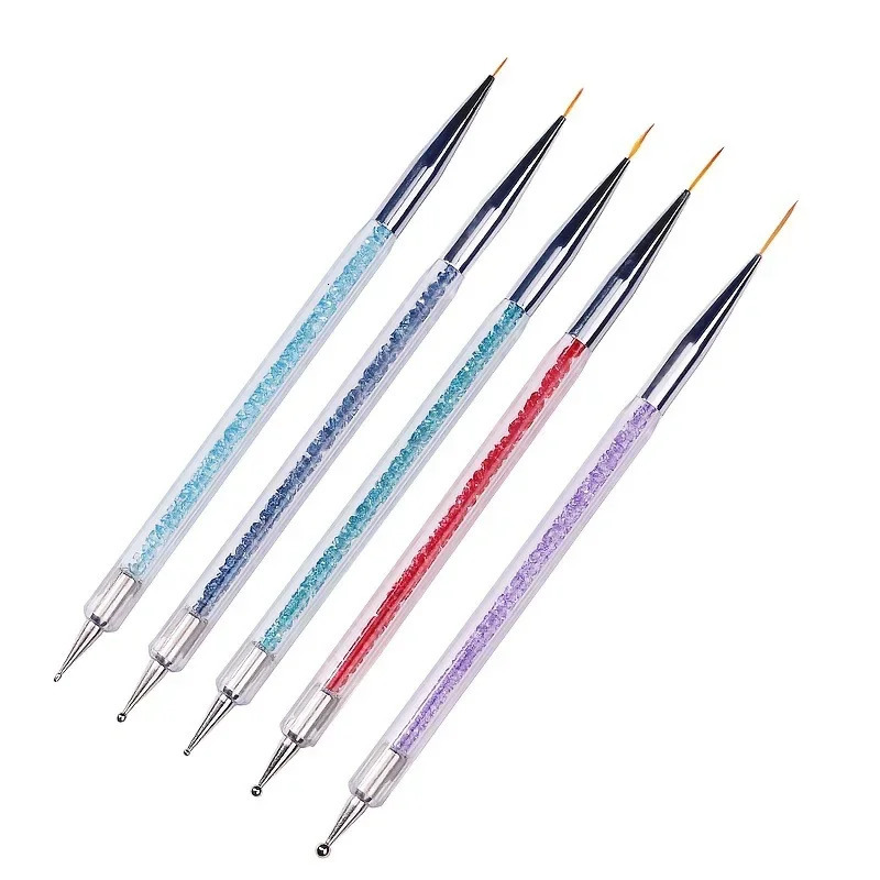 5pcs/Set 2 In 1 Dual-Ended Nail Art Liner Brushes With Crystal Handle Professional UV Gel Dotting Painting Drawing Pen DIY Tools 250805