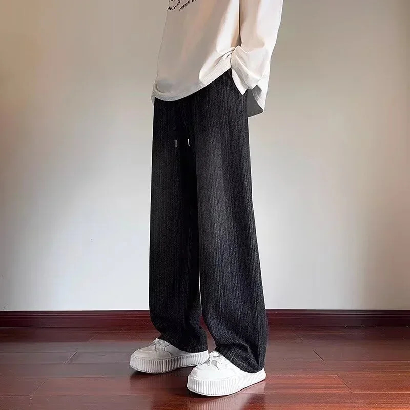 Distressed Vintage Blue Jeans For Men Drawstring Straightleg Denim Pants Y2K Streetwear Washed Baggy Jean Hombre 250807