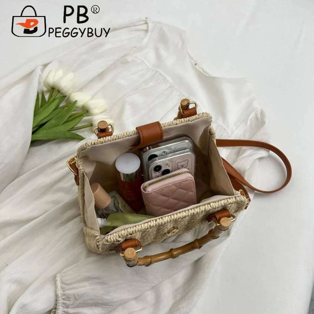 Summer Hand-Woven Handbags Bamboo Handle Beach Vacation Bags Casual Fashion Simple Portable Adjustable Strap For Seaside