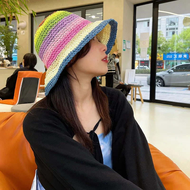 Summer Rainbow Striped Bucket Hat Woman Crochet Beach Fisherman Hat Foldable Handmade Weave Sun Hat Female Panama Wholesale 250805