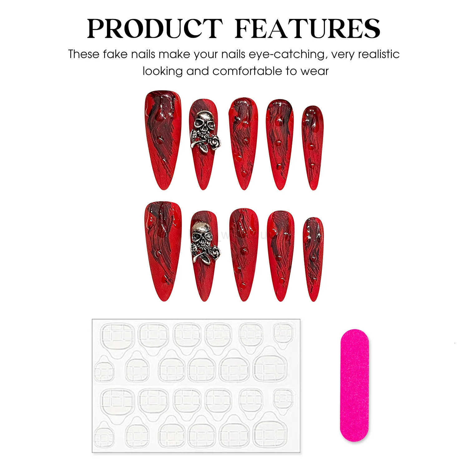 Handmade Press On Nails Red Long Stiletto False Nails With Metal Ghost Designs Full Cover Wearable Manicure For Halloween M250807