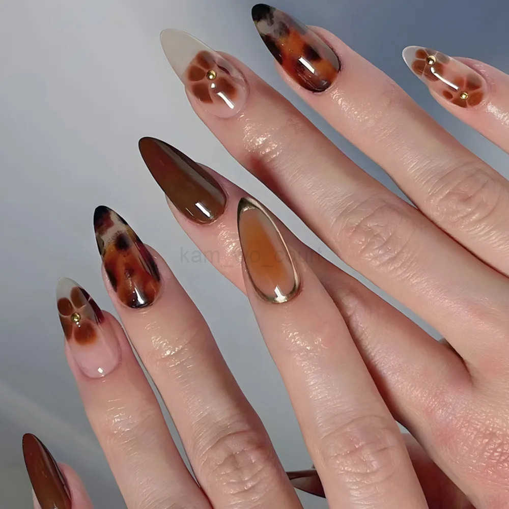 24Pcs Tortoiseshell Pattern Fake Nails Long Almond False Nails Leopard Print Detachable Nails Set Press on Full Cover Nail Tips M250807