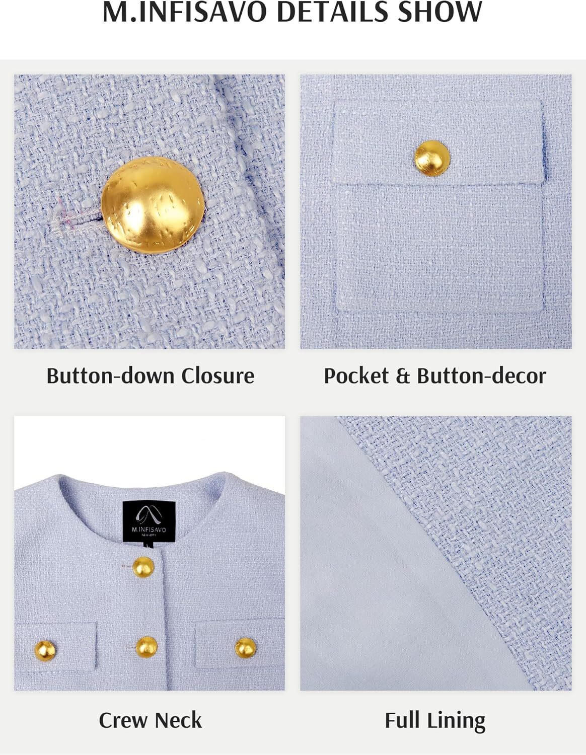 Women Tweed Jacket Cropped Blazers Spring Summer Elegant Round Neck Pockets Business Casual Outfit