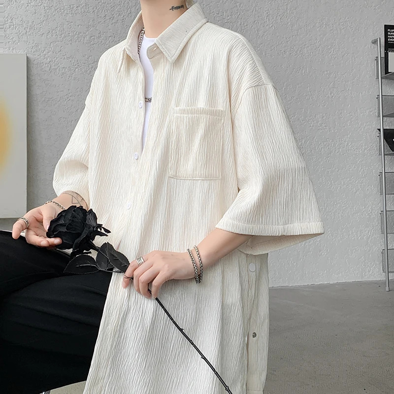 Wine Red Side Buttons Pleated Shirt Black Apricot Harajuku Button Up Korean Short Sleeve Aesthetic Male Shirts Men Blouse 250807