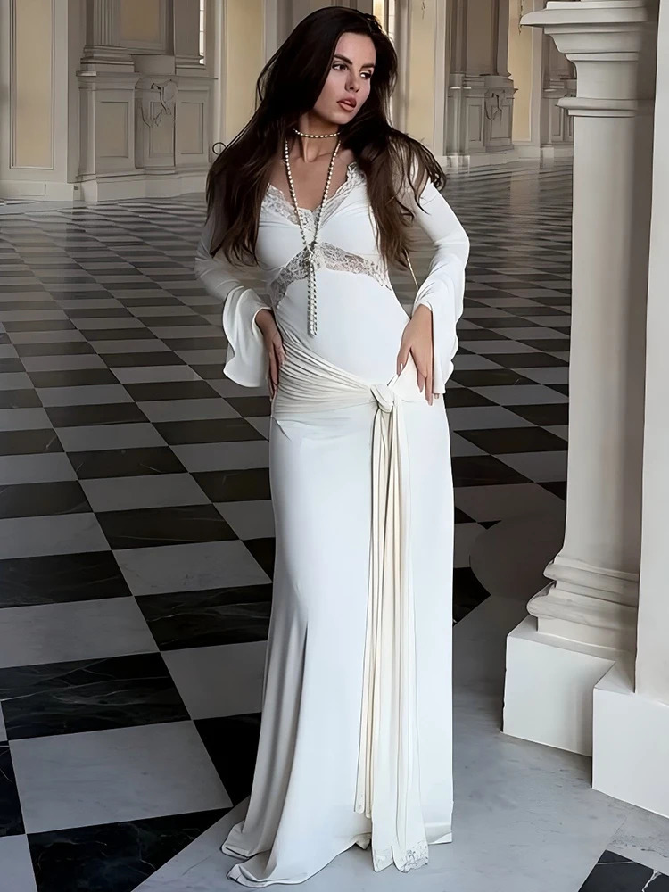 Mozision Autumn Long Sleeve Sexy Maxi Dress For Women Fashion Lace Patchwork V Neck Backless Draped Ruched Club Party Long Dress 250728