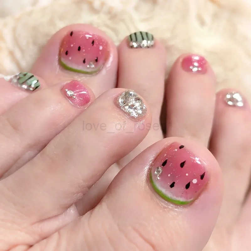 24pcs Colorful Painted Watermelon Fake Toenails Little Fresh Summer Beach Wearable False Toenails Shiny Diamond Press On Toenails Z250807