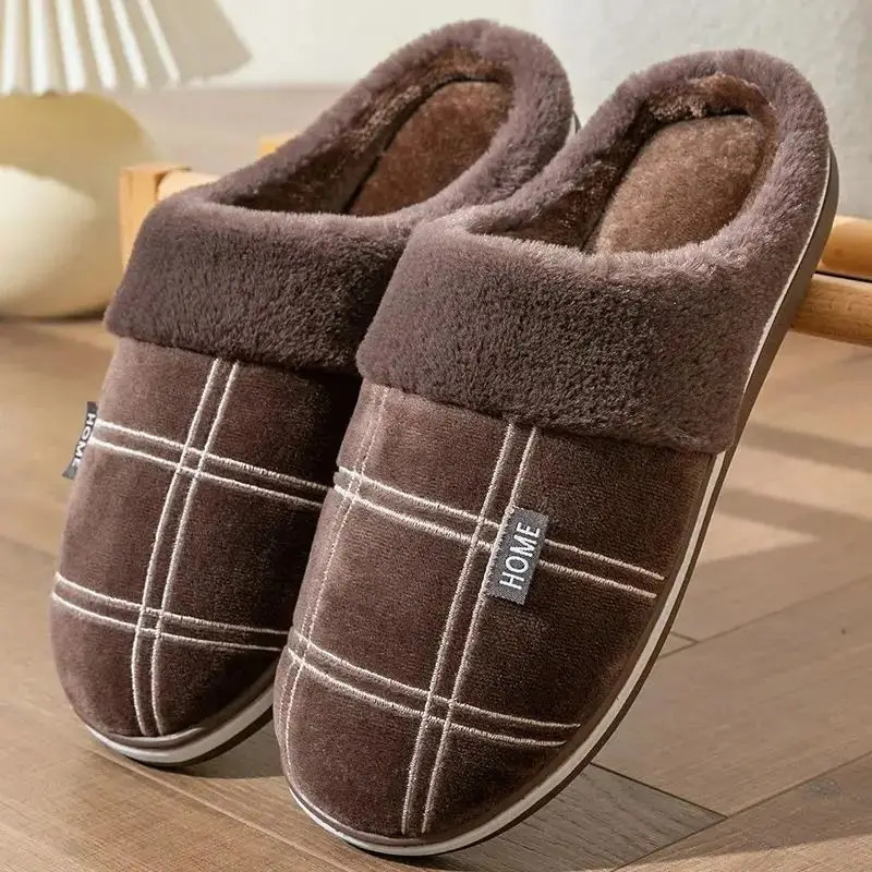 Men Home Slippers Plaid Memory Foam Winter Plush Male Indoor Shoes Warm Soft Non-Slip Slippers Black Large size 50-51 Fashion 250805