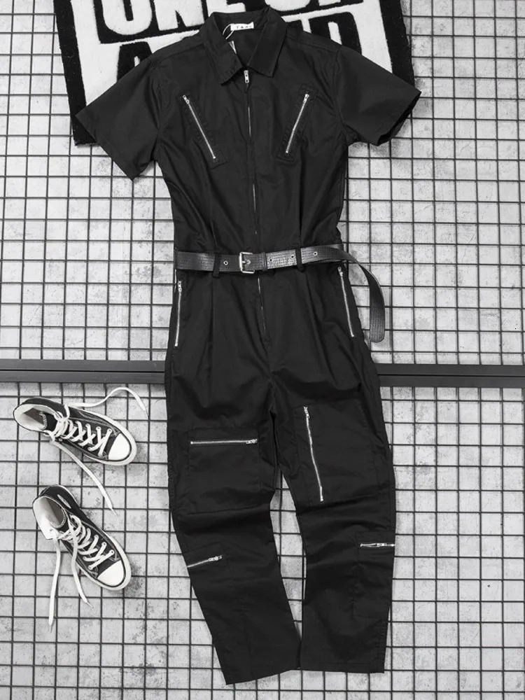 Lovers Cargo Jumpsuit High Street Solid Color Loose Overalls Set MultiPockets Full Sleeve Zipper Straight Pants Male M2XL 250804