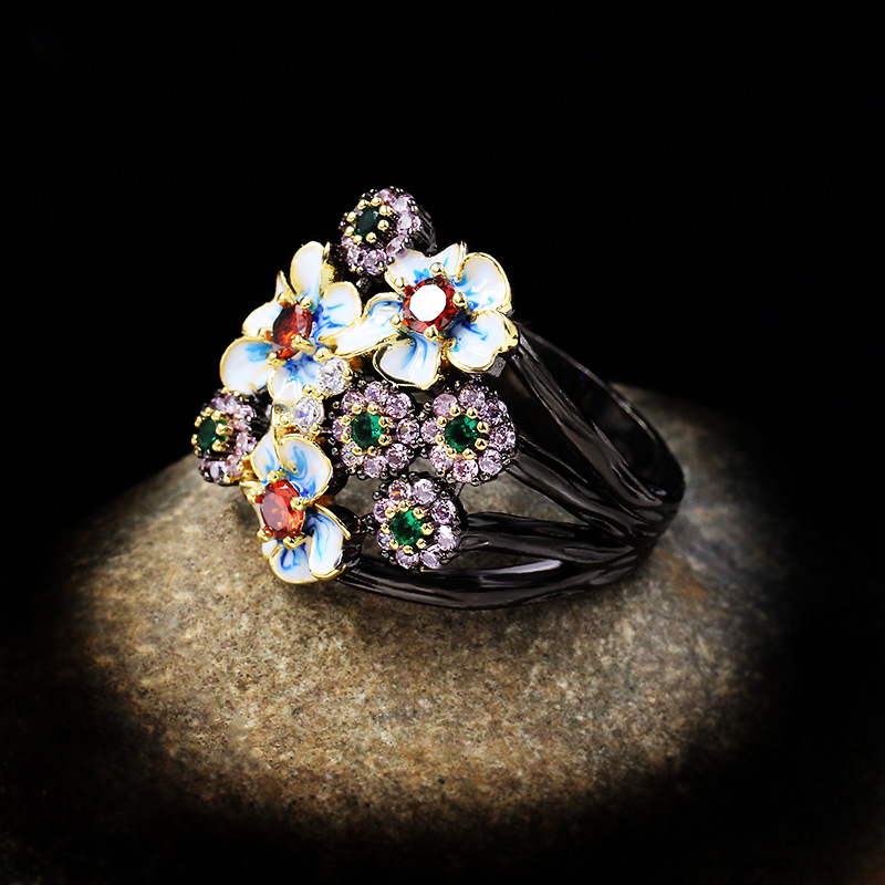 Black & Gold Tone Enamel Flower Cluster Ring With Multi-Color Gemstone Accents Bohemian And Vintage Outfit Accessory Gift For Her Exquisite And Colorf