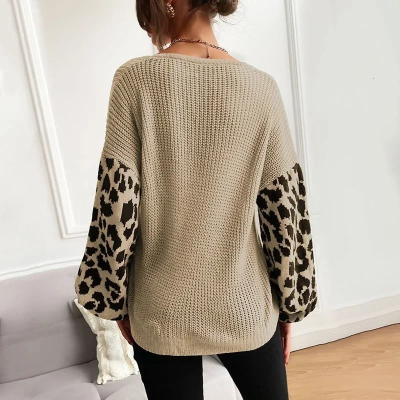Fashion Leopard Print N-eck Pullover Sweater Women Loose Comfortable Long Sleeved Knitted Sweaters Casual Tops Autumn Winter 250804