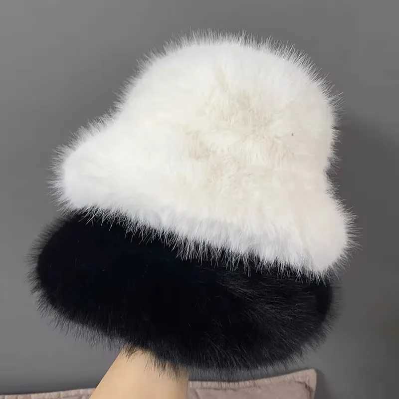 2K Fluffy Warm Thick Plush Bucket Hats Women Rabbit Fur Warm Faux Fur Winter Hat Girls Ins Fashion Furry Panama Fisherman C XJ250807
