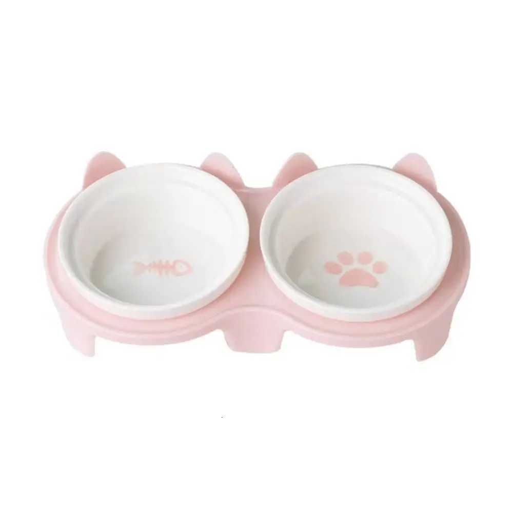 Colorful Cat Bowl Double Bowl Ceramic Pet Feeding Bowl Cervical Protection High Foot Diagonal Cat Food Pot For Drinking Feeding Y250806