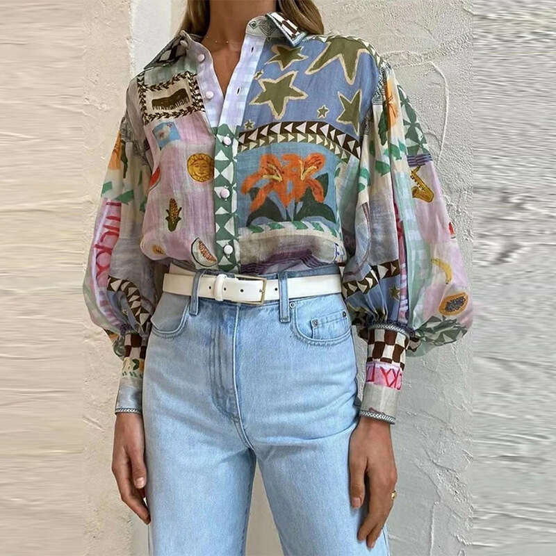 Women's New Elegant Turn-Down Collar Printed Colorful Loose Long Sleeve Shirt B5 h7