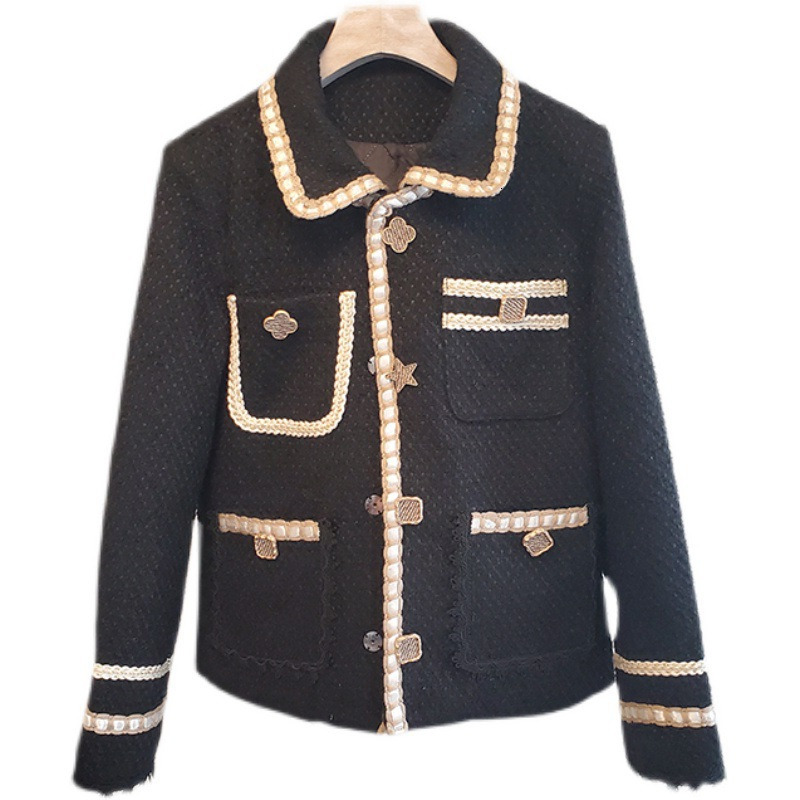 Winter New Navy French Light Single-Breasted Elegance-Style Quilted Color-Block Short Coat Tweed Jacket for Women