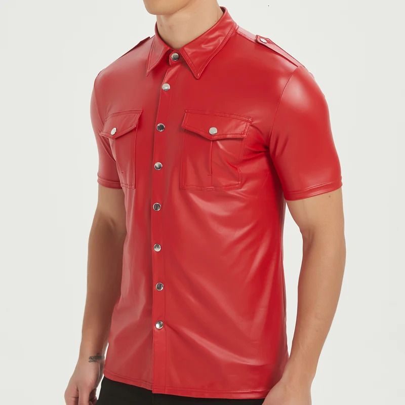 Mens PU leather shirts elastic short sleeve superior quality 250807