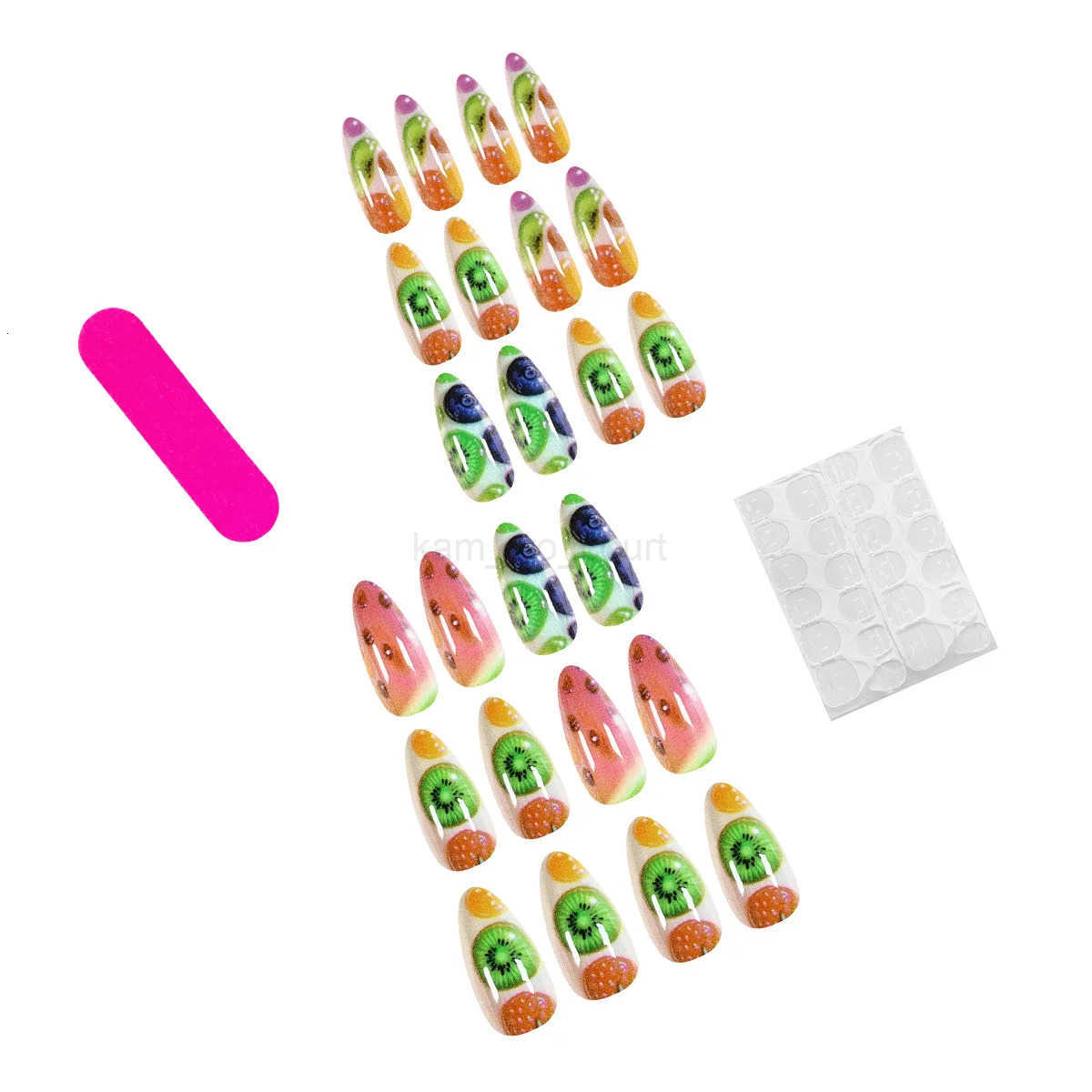 24pcs Colorful Fruit Printed Press On Nails Summer Dopamine Almond False Nails Full Cover Charming Fake Nails DIY Manicure Art M250807