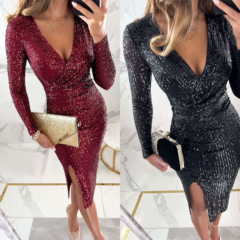 Summer New Women's Sexy V-Neck Bodycon Short Fashion Sequin Dress Gown B5