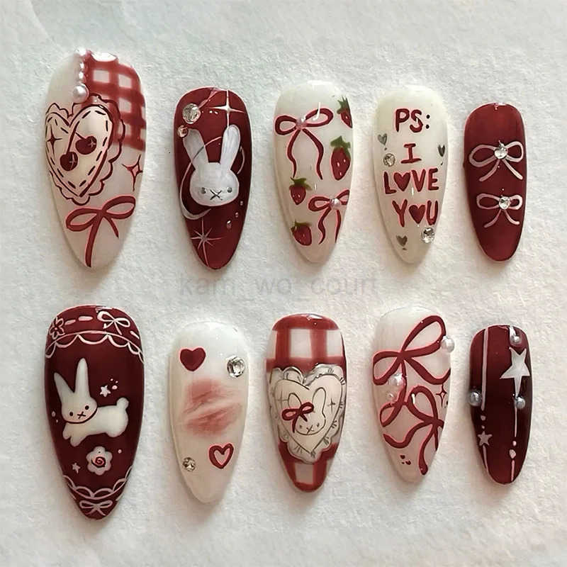 24PCS Wine Red Almond Press on Nails Cartoon Rabbit Bowknot with Plaid Pearl Designs French Fake Nails for Girls Detachable Nail M250807