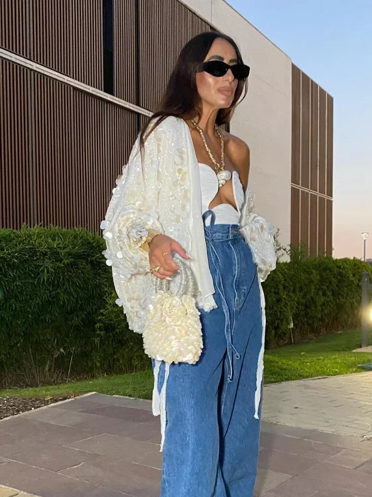 Women Sparkling Beaded Short Loose Jacket Chic Elegant V Neck Long Sleeve Lace Up Cardigan Autumn Female Fashion Streetwear 250804