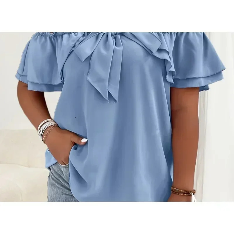 Womens Plus Size 1XL5XL Summer Casual Temperament Solid Color Ladies Fashion Short Sleeve Shirt One Shoulder Bow Top 250807