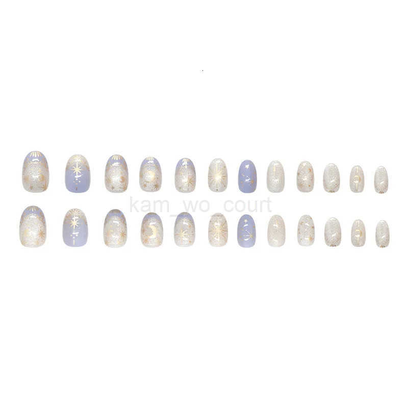 24pcs Romantic Y2k Star Press On Nails Gradient Blue French Style Gold Moon Designs Fake Nails Sweet Almond False Nails For Women M250806
