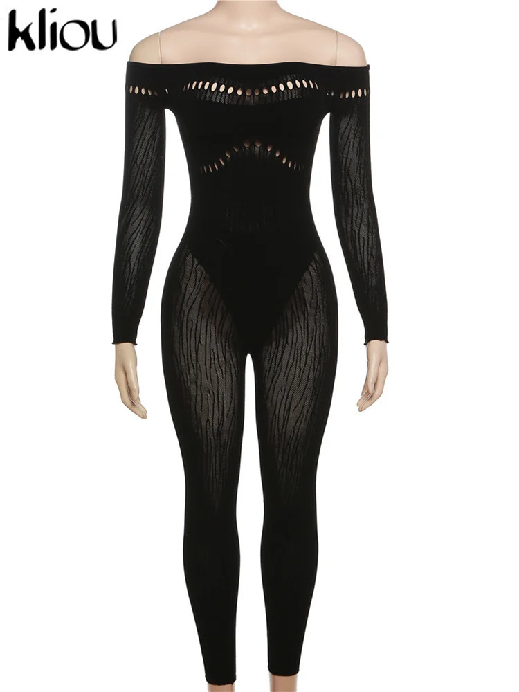 kliou Autumn Women AnkleLength Streetwear Milk Silk Jumpsuit W23Q35472 Girl Hollow Out Slash Neck One Piece Club Attire Overall 250807