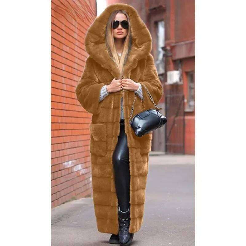 Faux Coat Hooded Winter Jacket Women Fur Robe Windproof Design Long Sleeve Cardigan Warm Thick Large Size