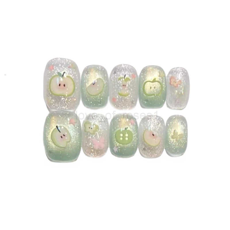 10 Pieces Summer Sweet Handmade Press On Nails Butterfly Green Fine Glitter Cat Eye Fake Nails Removable Reusable Z250807